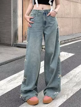 Женские широкие джинсы с завышенной талией и бантами на карманах Dazy, светло-голубой