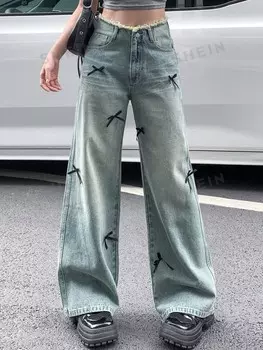 Женские широкие джинсы свободного кроя с лоскутным шитьем и потертым бантом на талии Dazy, синий