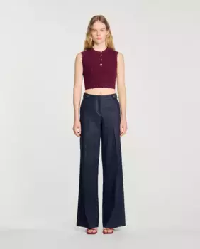 Женские широкие прямые джинсы средней посадки с контрастной строчкой Sandro, синий