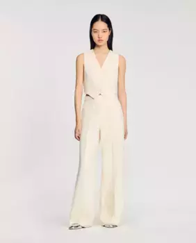 Женские широкие твидовые брюки со стразами Sandro, цвет Crudo