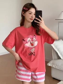 Женские шорты в полоску с рисунком животных из мультфильмов, пижамный Комплект с короткими рукавами Dazy, фуксия