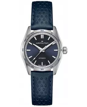 Женские швейцарские автоматические часы Jazzmaster Performer с синим кожаным ремешком, 34 мм Hamilton, синий