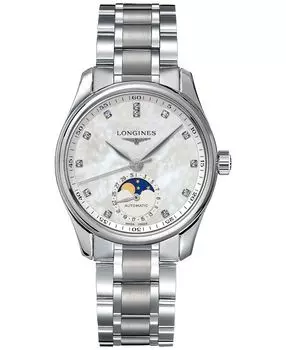 Женские швейцарские автоматические часы Master Moonphase Diamond (1/20 карата) из нержавеющей стали с браслетом, 34 мм Longines, серебро