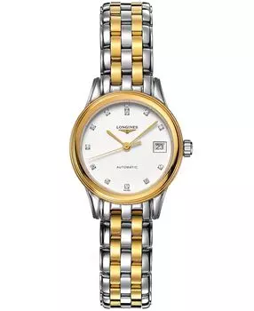 Женские швейцарские автоматические флагманские часы с двухцветным браслетом из нержавеющей стали с бриллиантами, 26 мм L42743277 Longines