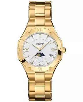 Женские швейцарские часы Be Balmain Moonphase Diamond (1/20 карата) с золотым браслетом из нержавеющей стали с PVD-покрытием, 33 мм, желтый