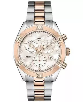 Женские швейцарские часы с хронографом T-Classic PR 100 Diamond (1/20 карата) с двухцветным браслетом из нержавеющей стали с PVD-покрытием, 38 мм Tissot, белый