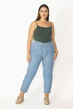 Женские синие эластичные брюки на талии со шнуровкой спереди, внешним карманом, двойные тканевые брюки ans, синий