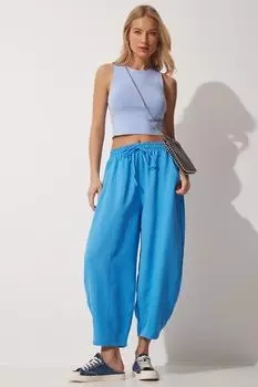 Женские синие льняные брюки-шалвар Happiness stanbul, синий