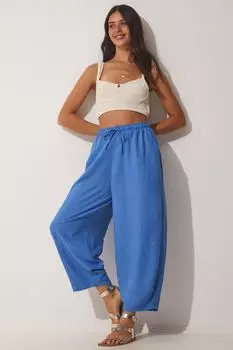 Женские синие льняные брюки-шалвар из вискозы с карманами Happiness stanbul, синий