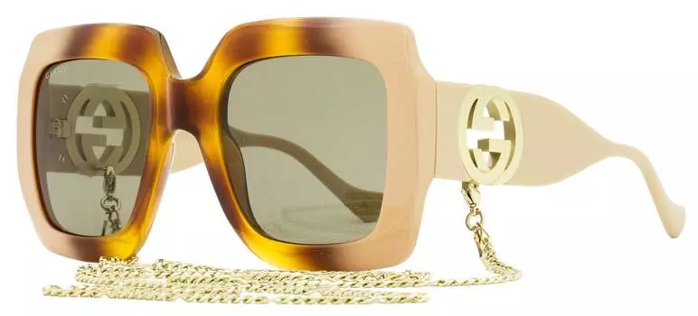 Женские солнцезащитные очки Gucci с квадратной цепочкой GG1022S цвет 003 Слоновая кость/Гавана 54 мм