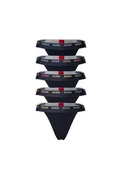 Женские стринги, 5 шт. в упаковке - RAINBOW FIVE PACK, хлопок стрейч, логотип, однотонный HUGO, черный