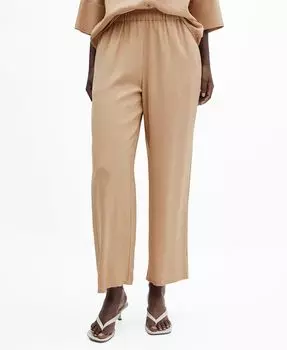 Женские струящиеся брюки с эластичной резинкой на талии MANGO, цвет Beige