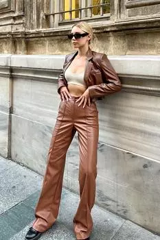 Женские светло-коричневые замшевые брюки-палаццо с высокой талией в рубчик и прострочкой Trend Alaat Stili, коричневый