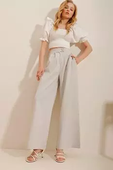 Женские светло-серые плиссированные тканые брюки-палаццо с двумя карманами Trend Alaat Stili, темно-синий