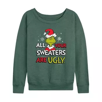 Женские свитера Dr. Seuss Grinch Ugly, легкий свитшот из френч-терри Licensed Character, цвет Heather Green