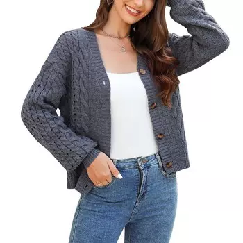 Женские свитера-кардиганы на пуговицах с длинными рукавами и V-образным вырезом, вязаный свитер для женщин MISSKY, цвет Deep Gray