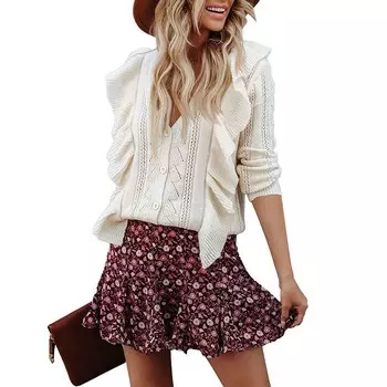 Женские свитера на пуговицах, топы, повседневный вязаный кардиган с длинными рукавами и оборками MISSKY, белый