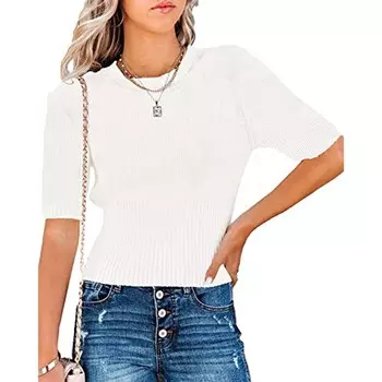 Женские свитера с короткими рукавами, топы с круглым вырезом, пуловер в рубчик, рубашка Slim Fit, вязаная блузка MISSKY, белый