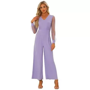 Женские свободные комбинезоны с длинными рукавами и V-образным вырезом в сетку, комбинезоны для вечеринок ALLEGRA K, цвет Light Purple