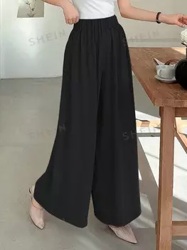 Женские свободные широкие брюки с фактурным эластичным поясом Длинная длина Dazy, черный