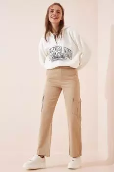 Женские темно-кремовые брюки карго с широкими карманами из габардина Happiness stanbul, бежевый