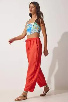 Женские темно-оранжевые льняные брюки-шалвар Happiness stanbul, оранжевый