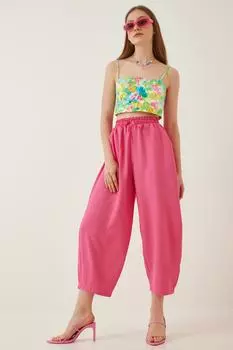 Женские темно-розовые льняные брюки-шалвар из вискозы с карманами Happiness stanbul, розовый