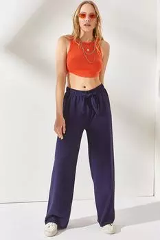 Женские темно-синие льняные брюки палаццо со шнуровкой и эластичным поясом Olalook, темно-синий