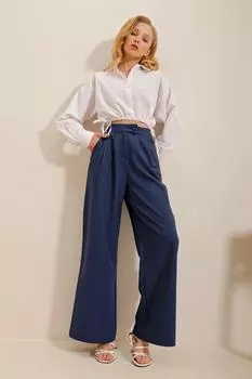 Женские темно-синие плиссированные тканые брюки-палаццо с двойными карманами Trend Alaat Stili, темно-синий