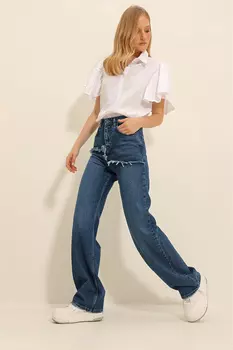 Женские темно-синие потертые брюки Palazzo Jean с высокой талией и 5 карманами Trend Alaat Stili, синий