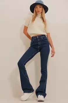 Женские темно-синие расклешенные джинсы из лайкры с высокой талией Trend Alaat Stili, темно-синий