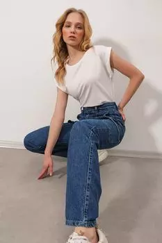 Женские темно-синие широкие джинсовые брюки-карго с высокой талией и карманами ALC-X9917 Trend Alaat Stili, синий