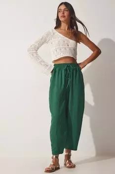 Женские темно-зеленые льняные брюки-шалвар Happiness Istanbul, зеленый
