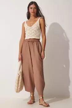 Женские темные льняные брюки-шалвар цвета печенья с карманами из вискозы Happiness stanbul, коричневый