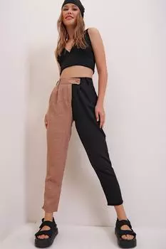 Женские тканые брюки цвета корицы с высокой талией черного цвета ALC-X6936 Trend Alaat Stili, черный