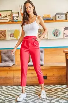 Женские тканые брюки-морковки с красным поясом Olalook, розовый