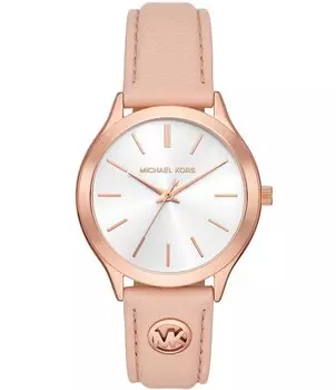 Женские тонкие часы Michael Kors с розовым кожаным ремешком и тремя стрелками для подиума, 38 мм, розовый