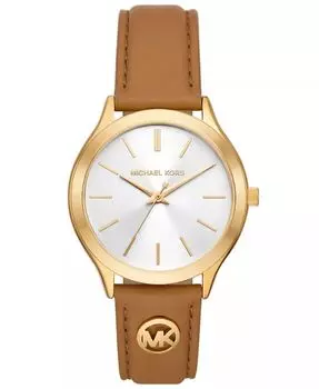 Женские тонкие кожаные часы для багажа с тремя стрелками, 38 мм Michael Kors, коричневый
