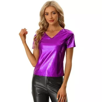 Женские топы для вечеринок с блестящим металлическим топом с V-образным вырезом и короткими рукавами ALLEGRA K, фиолетовый