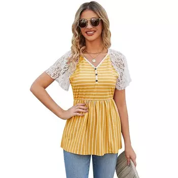 Женские топы с баской, кружевная блузка с v-образным вырезом и короткими рукавами, плиссированные топы с завышенной талией, наряды для учителей MISSKY, желтый