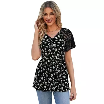 Женские топы с баской, кружевная блузка с v-образным вырезом и короткими рукавами, плиссированные топы с завышенной талией, наряды для учителей MISSKY, черный