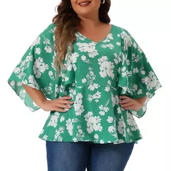 Женские топы с цветочным принтом больших размеров, летние повседневные свободные шифоновые блузки Babydoll с v-образным вырезом и струящимися рукавами Agnes Orinda, цвет Burgundy