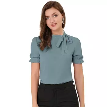 Женские топы с галстуком-бабочкой, элегантная офисная блузка с короткими рукавами ALLEGRA K, цвет Gray Blue