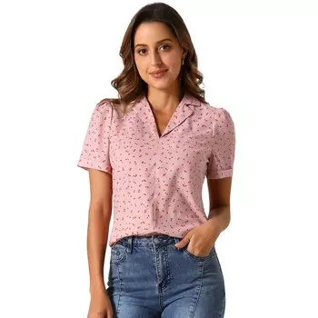 Женские топы с V-образным вырезом, элегантная повседневная блузка с короткими рукавами и лацканами с вишневым принтом ALLEGRA K, розовый