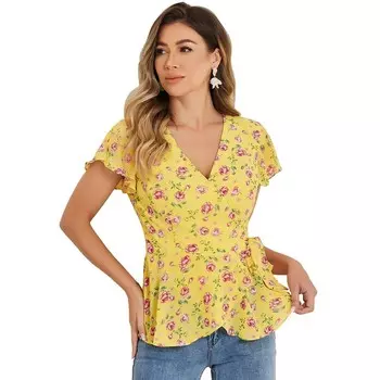 Женские топы с запахом и цветочным принтом, V-образным вырезом, рукавами с разрезом и завязкой на талии, блузка с баской ALLEGRA K, желтый