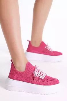 Женские трикотажные кроссовки удобной посадки на высокой подошве цвета фуксии на шнуровке TONNY BLACK