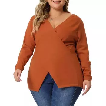 Женские трикотажные пуловеры больших размеров с глубоким V-образным вырезом и запахом, пышные свитера Agnes Orinda, черный