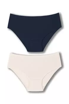 Женские трусики больших размеров из хлопка в рубчик с высокой талией, комплект из 2 предметов HNX, экрю-темно-синий