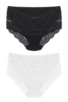 Женские трусики больших размеров с кружевной отделкой спереди и на штанинах, 2 шт. HNX, черно-белый