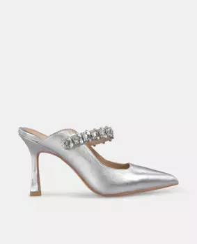 Женские туфли на шпильке с открытым задником и ремешком со стразами Alma en Pena, серебряный